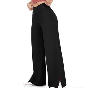 Crossover Pocket Split Hem Plus Size Wide Leg Yoga Pants-Smile